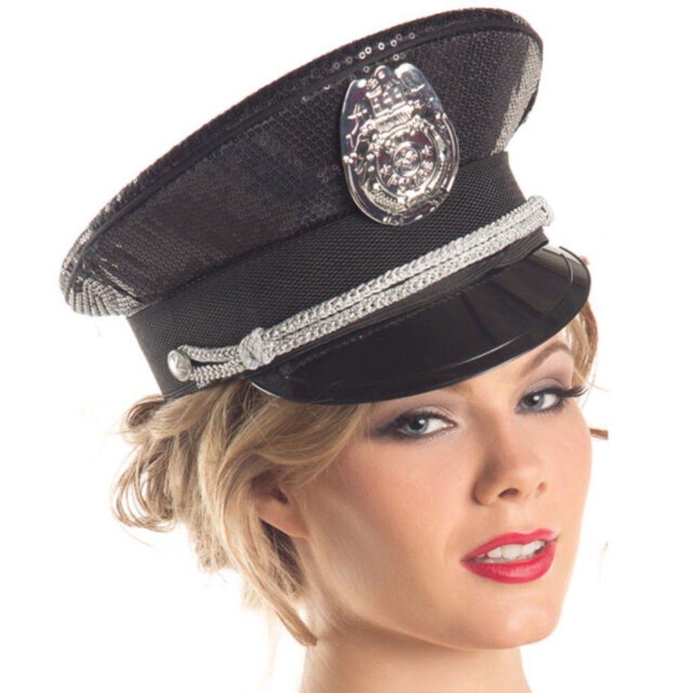 Black Sequin Costume Cop Hat with Badge